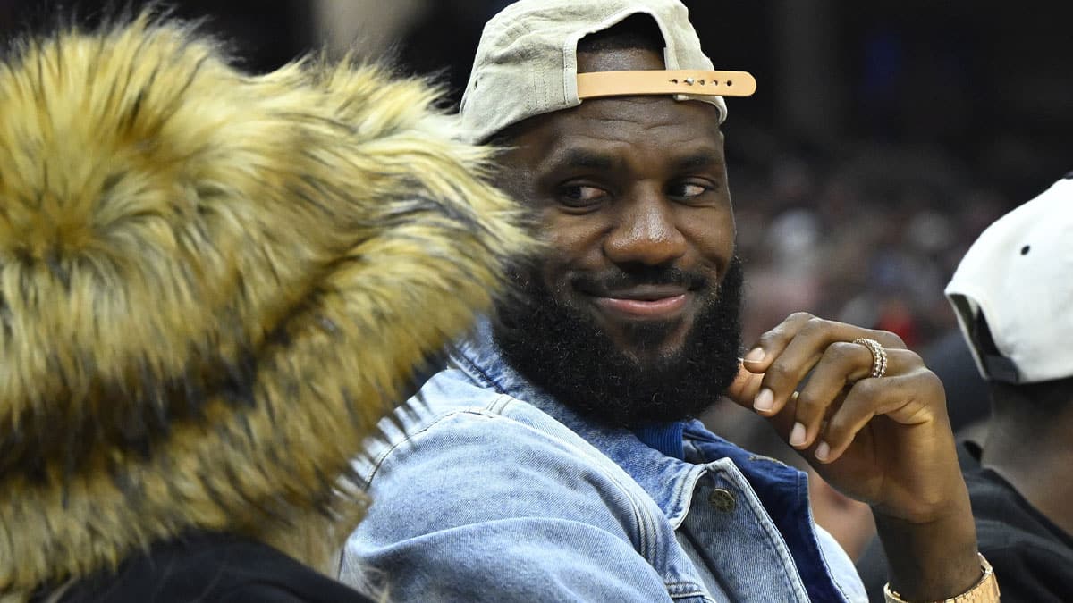 Los Angeles Lakers forward LeBron James looks at his wife Savannah James in the second quarter of game four of the second round for the 2024 NBA playoffs between the Cleveland Cavaliers and the Boston Celtics at Rocket Mortgage FieldHouse