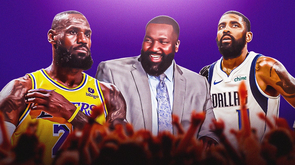 Los Angeles Lakers star LeBron James looking at Kendrick Perkins and Kyrie Irving.