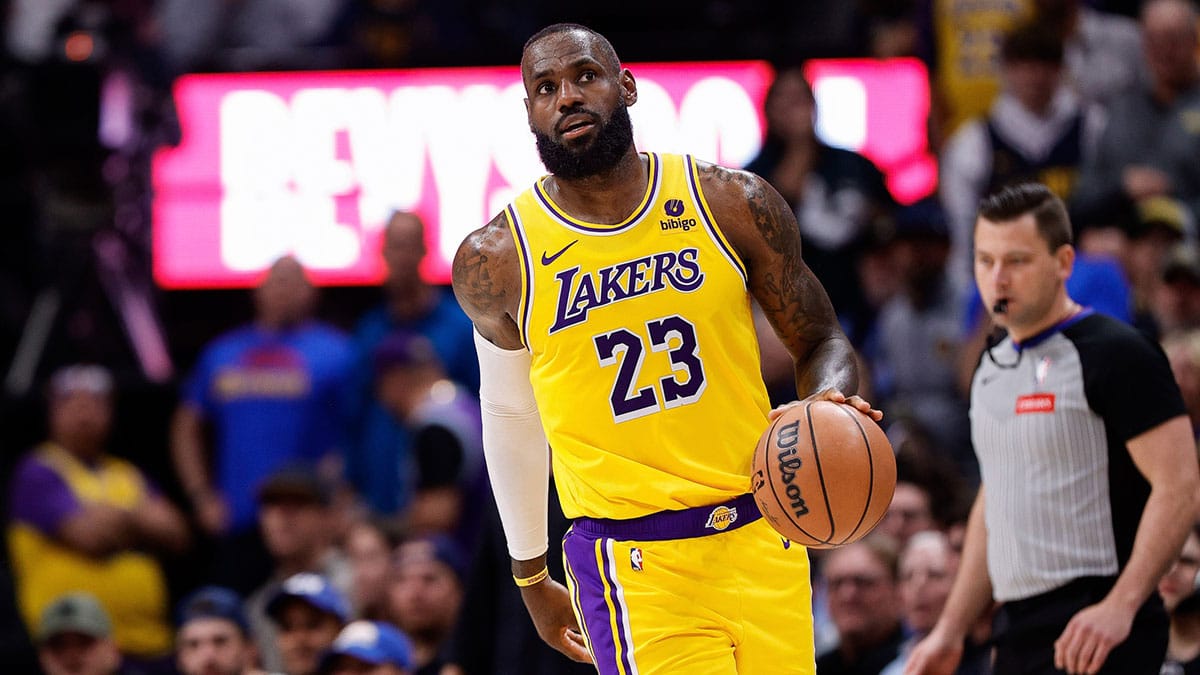 Los Angeles Lakers forward LeBron James (23) in the third quarter against the Denver Nuggets during game five of the first round for the 2024 NBA playoffs at Ball Arena
