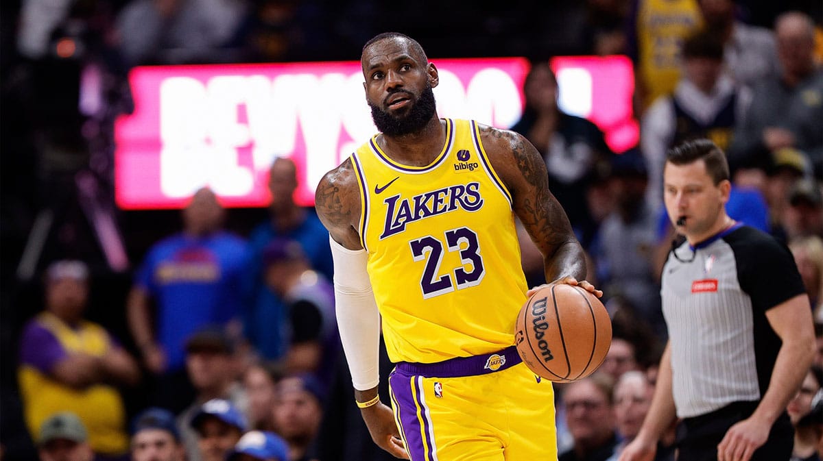 Los Angeles Lakers forward LeBron James (23) in the third quarter against the Denver Nuggets during game five of the first round for the 2024 NBA playoffs at Ball Arena