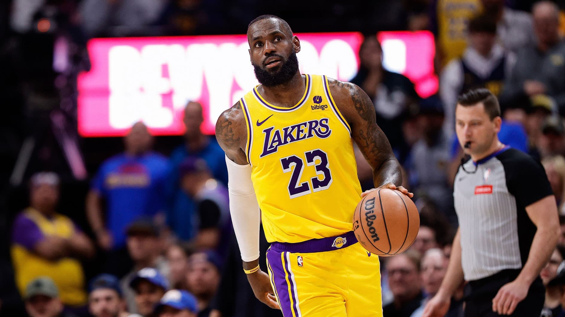 Apr 29, 2024; Denver, Colorado, USA; Los Angeles Lakers forward LeBron James (23) in the third quarter against the Denver Nuggets during game five of the first round for the 2024 NBA playoffs at Ball Arena. Mandatory