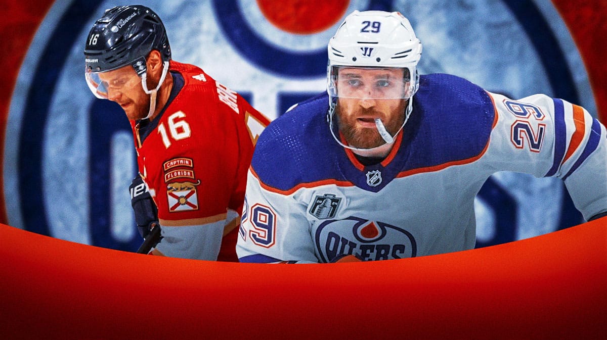 Edmonton Oilers center Leon Draisaitl with Oilers center Connor McDavid and Florida Panthers center Aleksander Barkov. There is also a logo for the Edmonton Oilers.