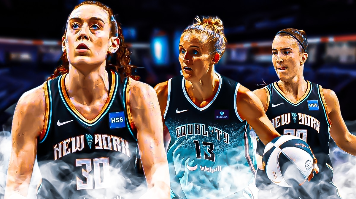 Breanna Stewart (Liberty) primary focus, Leonie Fiebich (Liberty) and Sabrina Ionescu (Liberty) also pictured.