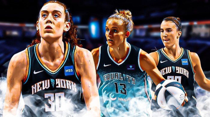 Breanna Stewart (Liberty) primary focus, Leonie Fiebich (Liberty) and Sabrina Ionescu (Liberty) also pictured.