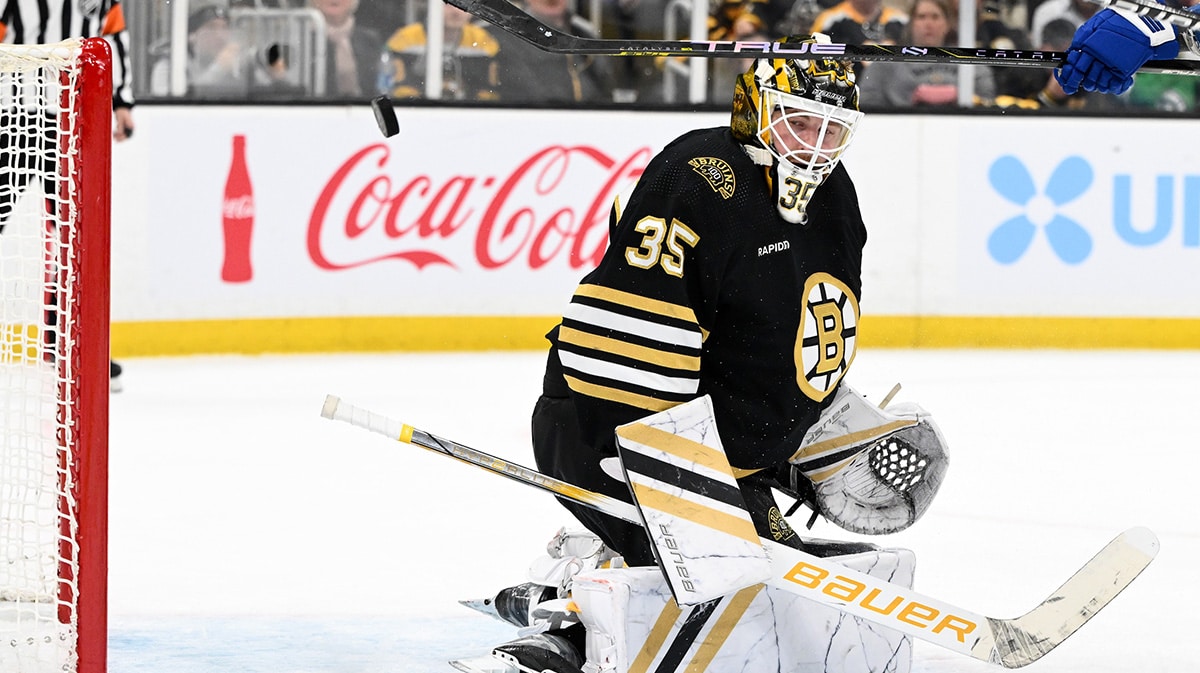A goal scored by Toronto Maple Leafs left wing Tyler Bertuzzi (not seen) on Boston Bruins goaltender Linus Ullmark (35) was overturned after video review during the second period in game two of the first round of the 2024 Stanley Cup Playoffs at TD Garden.