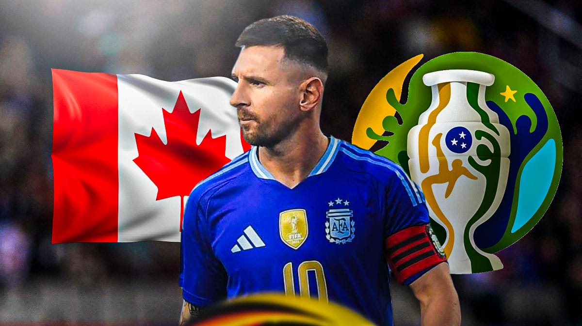 Lionel Messi in front of the Canadian flag and the Copa America logo