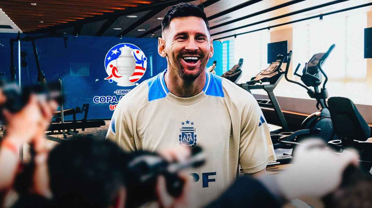 Lionel Messi in a gym, the Copa America logo on the wall