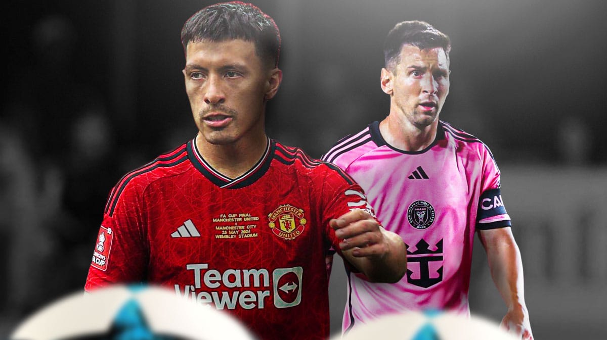 Lisandro Martinez and Lionel Messi in front of a soccer field