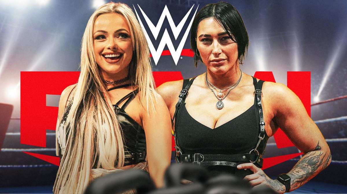 Liv Morgan next to Rhea Ripley with the RAW logo as the background.