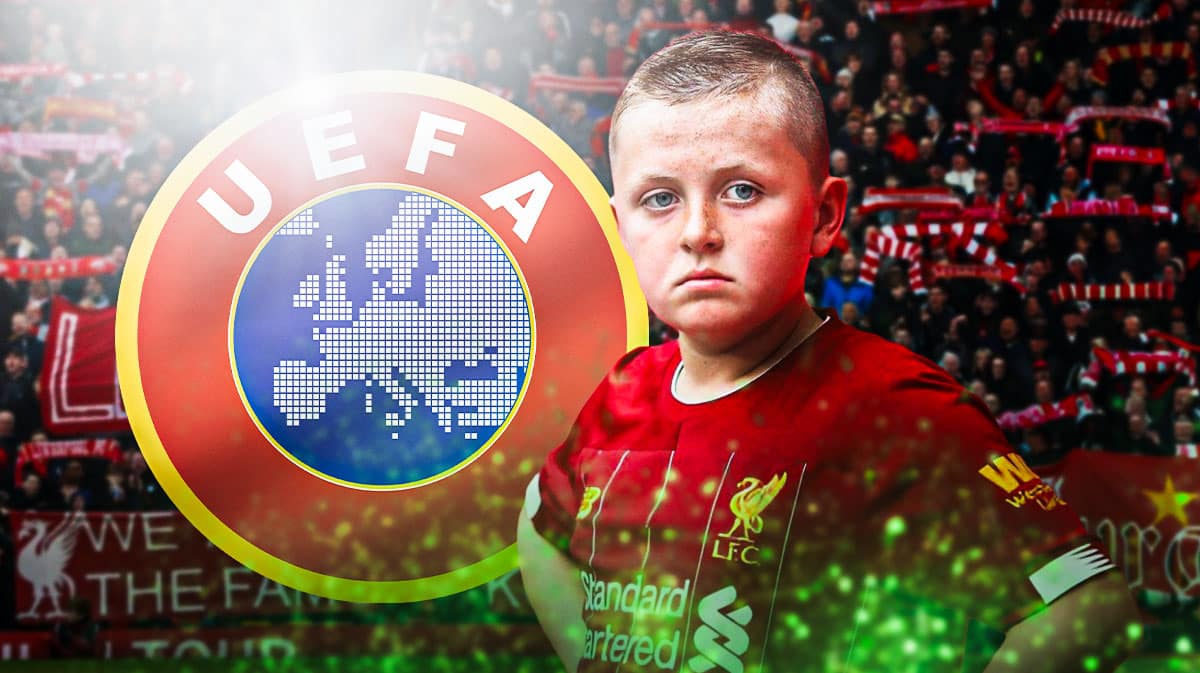 Liverpool fans in front of the UEFA logo