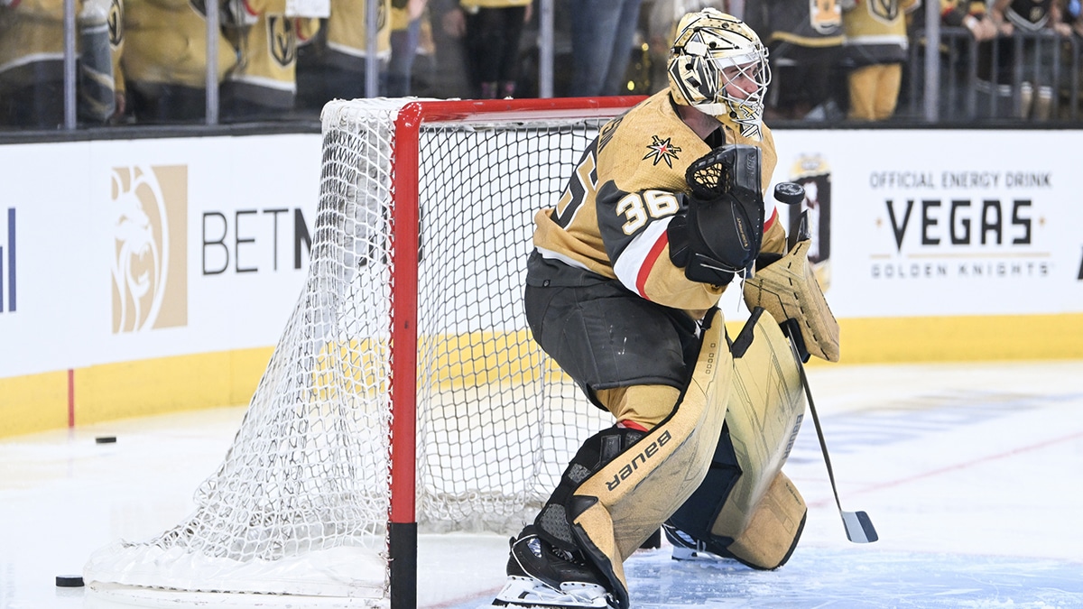 Vegas Golden Knights goaltender Logan Thompson (36) warms up against the Dallas Stars in game three of the first round of the 2024 Stanley Cup Playoffs at T-Mobile Arena.