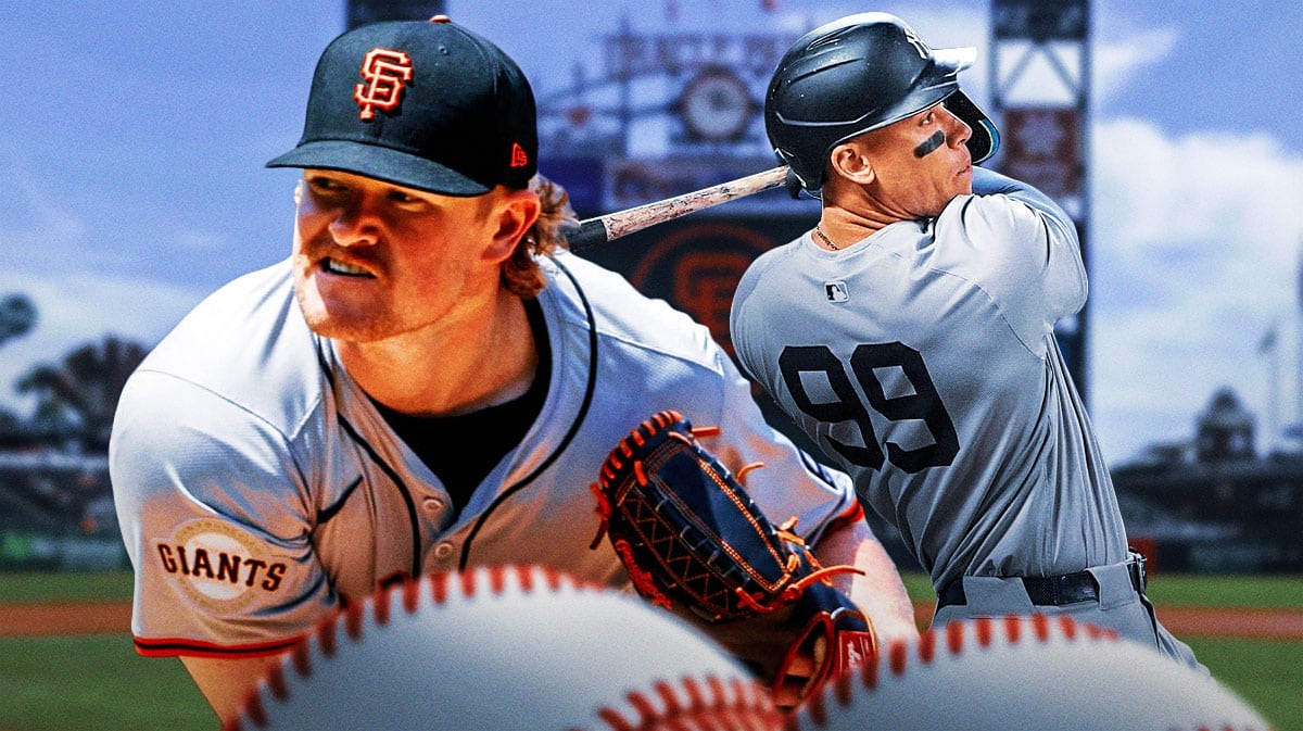 Giants' Logan Webb pitching a baseball to Yankees' Aaron Judge swinging a bat. Background should be Giants' Oracle Park.