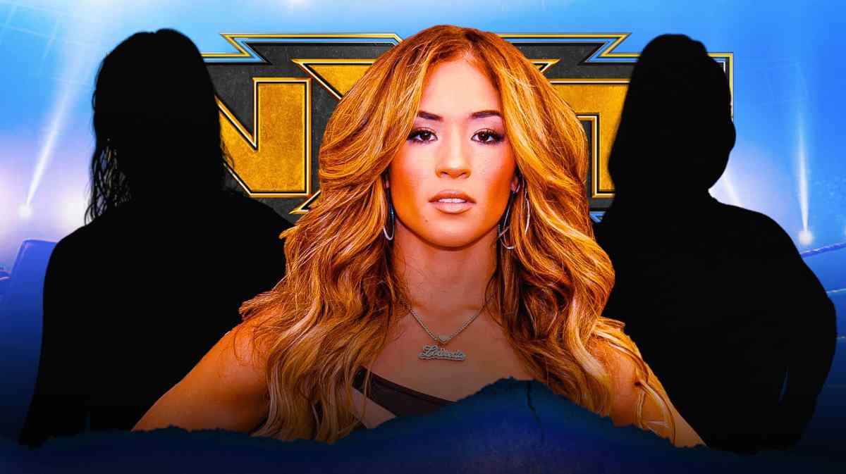 Lola Vice with the blacked-out silhouette of Natalya on her left and the blacked-out silhouette of Shayna Baszler on her right with the NXT Battleground logo as the background.
