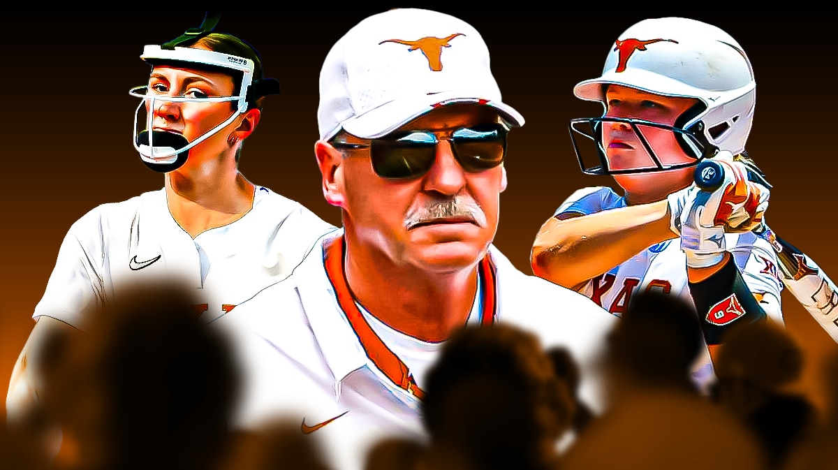 cut outs of University of Texas softball coach Mike White, University of Texas softball player Joley Mitchell, University of Texas softball player Teagan Kavan.