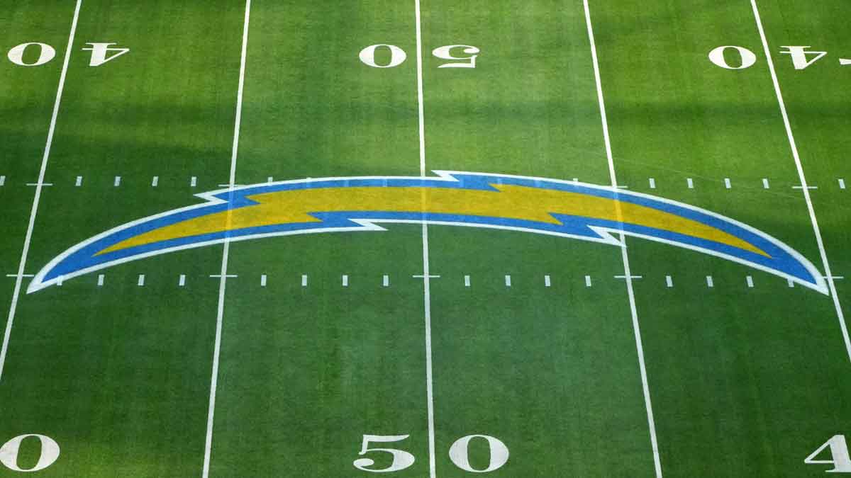 Overall view of the Los Angeles Chargers bolt logo at midfield at SoFi Stadium