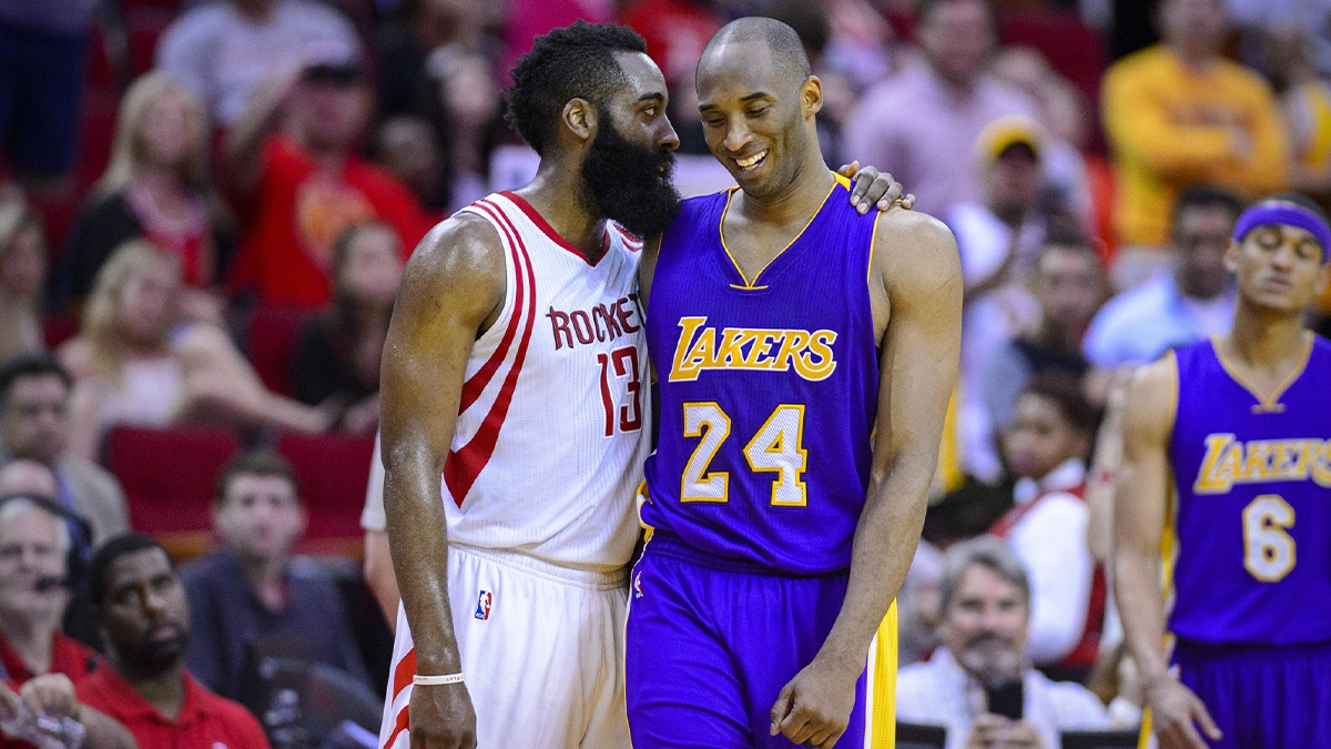 Apr 10, 2016; Houston, TX, USA; Los Angeles Lakers forward Kobe Bryant (24) talks with Houston Rockets guard James Harden (13) during the game between the Rockets and the Lakers at the Toyota Center. Bryant plays in the last road game and second to last game of his NBA career. Mandatory Credit: Jerome Miron-USA TODAY Sports