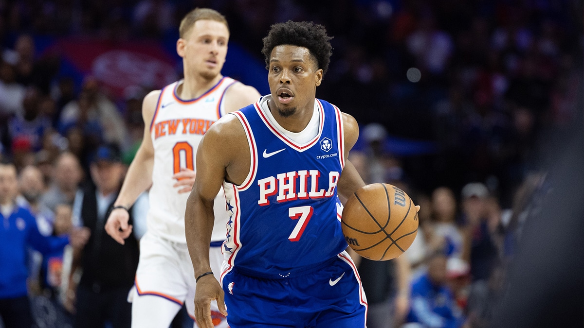 Philadelphia, Pennsylvania, USA; Philadelphia 76ers guard Kyle Lowry (7) controls the ball against the New York Knicks during the second half of game six of the first round for the 2024 NBA playoffs at Wells Fargo Center.