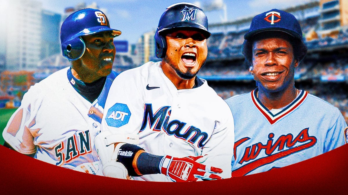 Luis Arraez, Tony Gwynn, Rod Carew, Padres, Twins, Luis Arraez, Tony Gwynn and Rod Carew with Padres stadium in the backaround