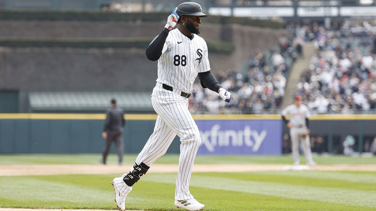 Chicago White Sox center fielder Luis Robert Jr. (88) reacts after hitting a two-run home run against the Detroit Tigers during the first inning at Guaranteed Rate Field.