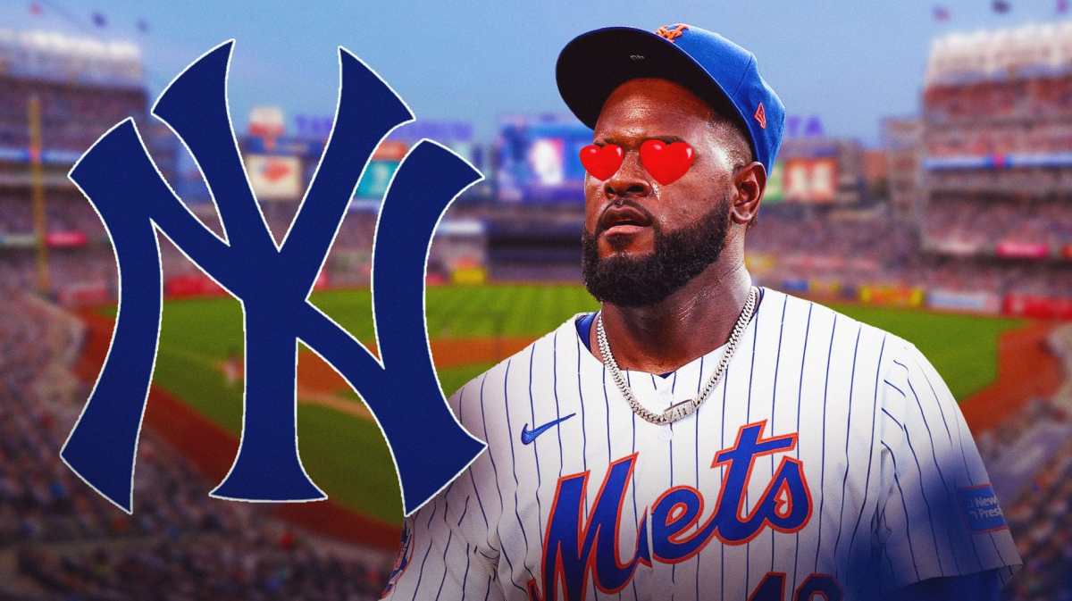 Luis Severino with heart eyes looking at a Yankees logo