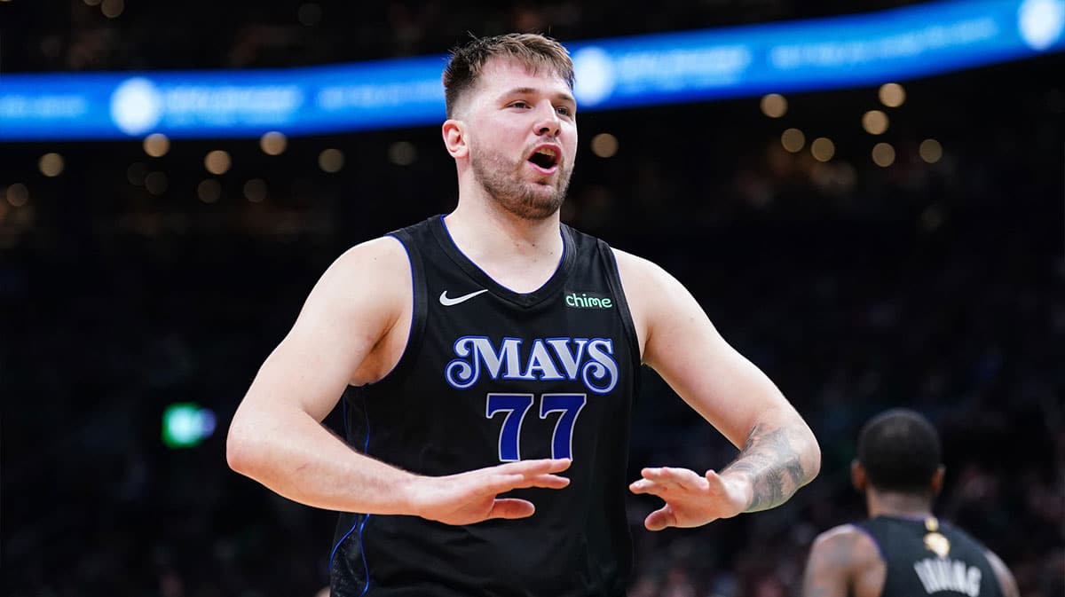 Dallas Mavericks guard Luka Doncic (77) reacts in the third quarter against the Boston Celtics during game one of the 2024 NBA Finals at TD Garden.