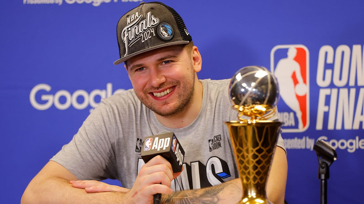 Dallas Mavericks guard Luka Doncic (77) at a press conference after winning the Western Conference Championship against the Minnesota Timberwolves in game five of the western conference finals for the 2024 NBA playoffs at Target Center.