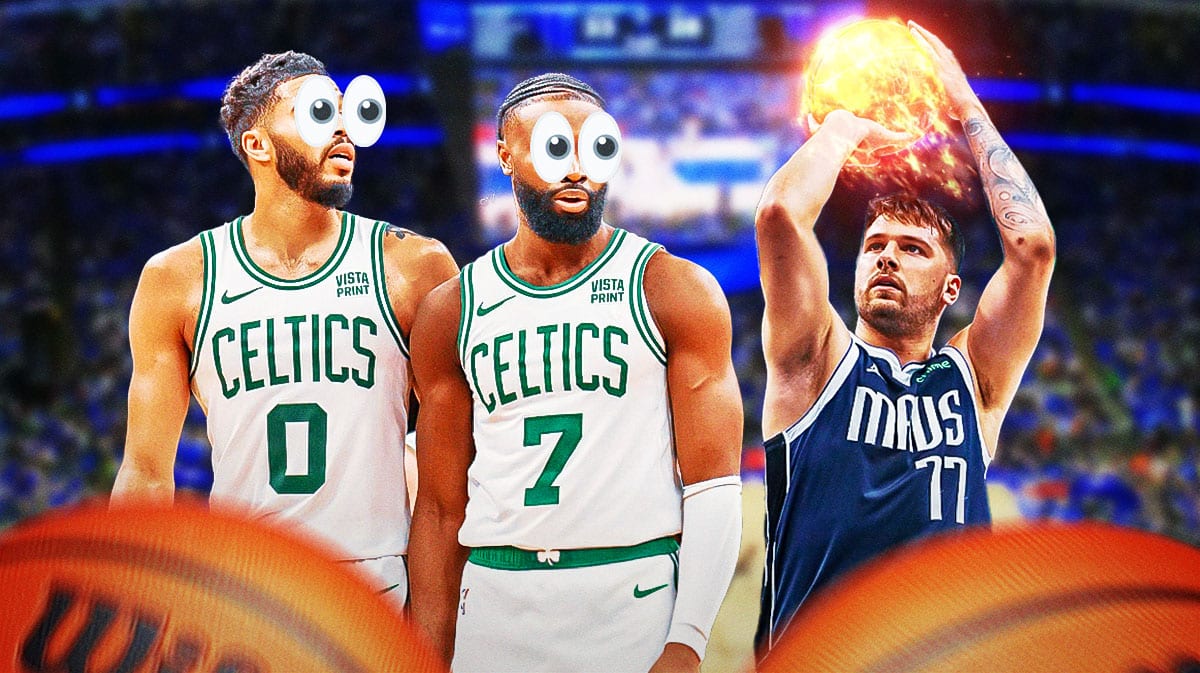 Photo: Luka Doncic shooting basketball on fire in Mavs jersey, Jaylen Brown, Jayson Tatum looking at him with peeping eyes
