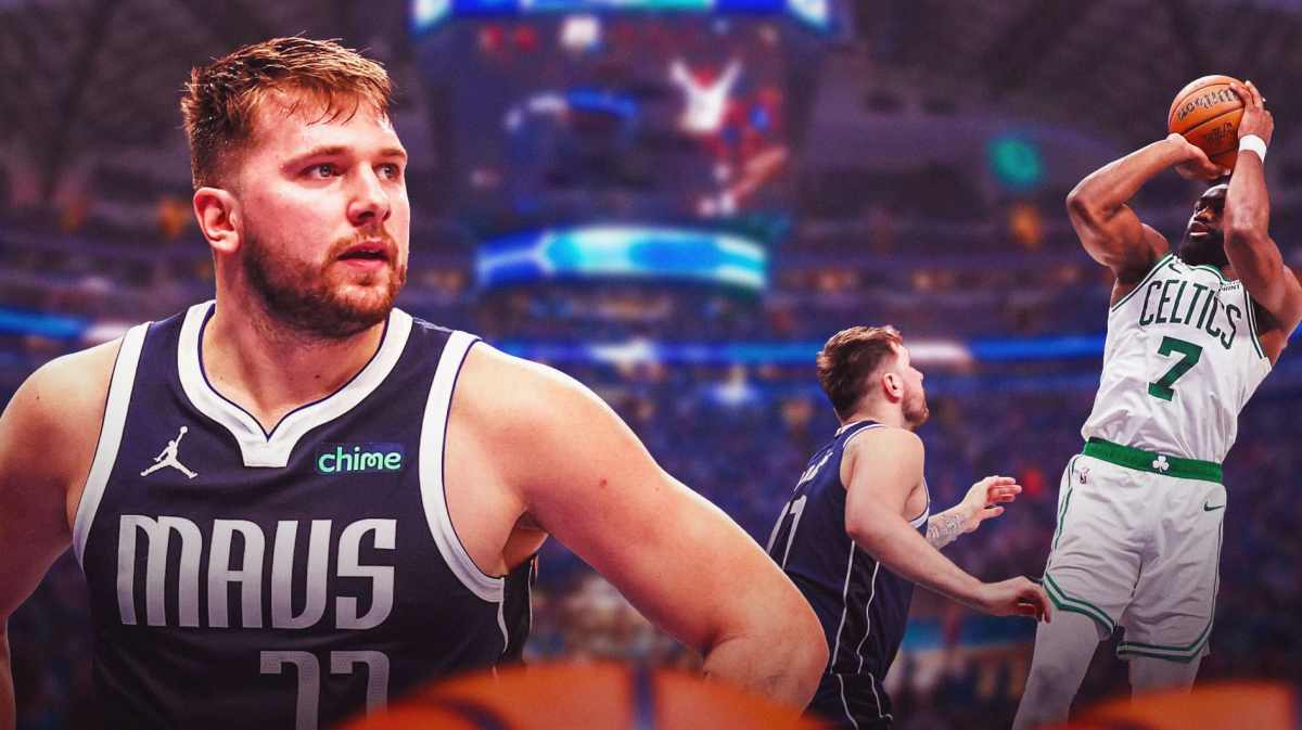 Mavericks' Luka Doncic in front looking serious/mad. In background, have him playing defense on Jaylen Brown.