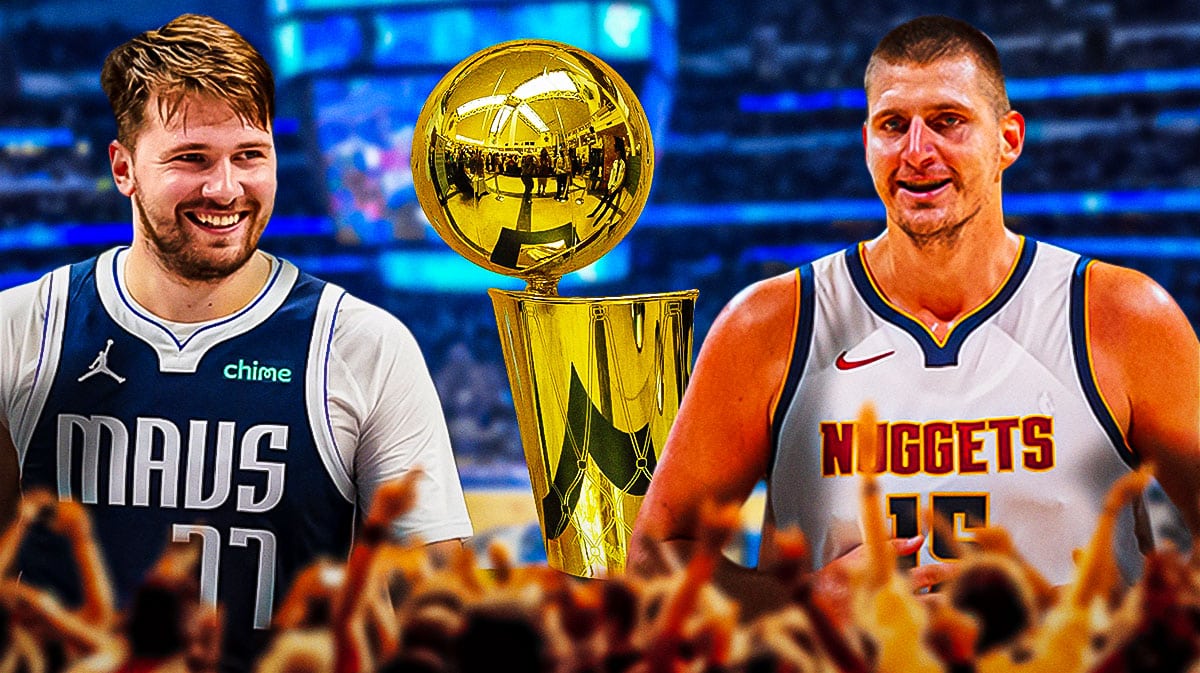 Luka Doncic with Nikola Jokic and Larry O'Brien trophy in background