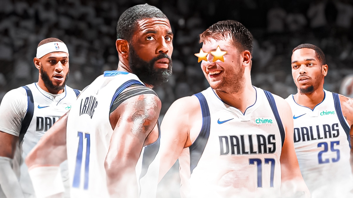 Mavericks' Kyrie Irving in front looking serious. Mavericks' Luka Doncic, Mavericks' PJ Washington, Mavericks' Daniel Gafford in background. Place stars in Doncic's eyes and have him looking at Kyrie.