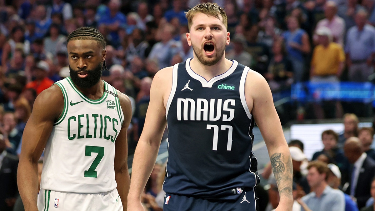 Dallas Mavericks guard Luka Doncic (77) reacts after a play against the Boston Celtics during the fourth quarter during game three of the 2024 NBA Finals at American Airlines Center.