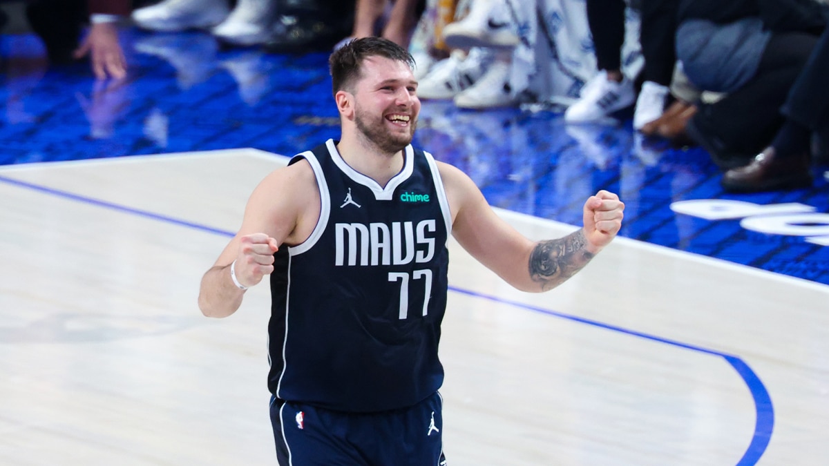 Dallas Mavericks guard Luka Doncic (77) reacts during the game against the Boston Celtics during game four of the 2024 NBA Finals at American Airlines Center.