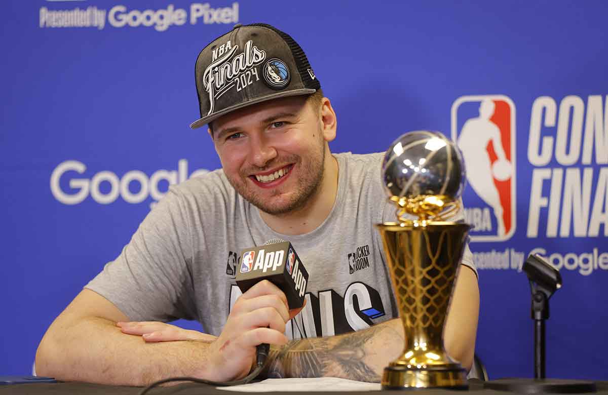 Dallas Mavericks guard Luka Doncic (77) at a press conference after winning the Western Conference Championship against the Minnesota Timberwolves in game five of the western conference finals for the 2024 NBA playoffs at Target Center.