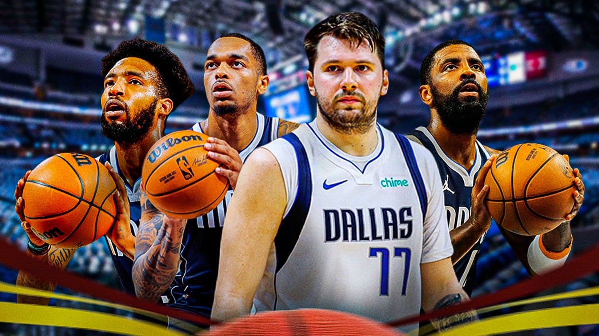 Mavericks' Luka Doncic in front looking serious. Close-up image. In background, need Mavericks' Kyrie Irving, Mavericks' PJ Washington, and Mavericks' Derrick Jones Jr. all shooting basketballs.