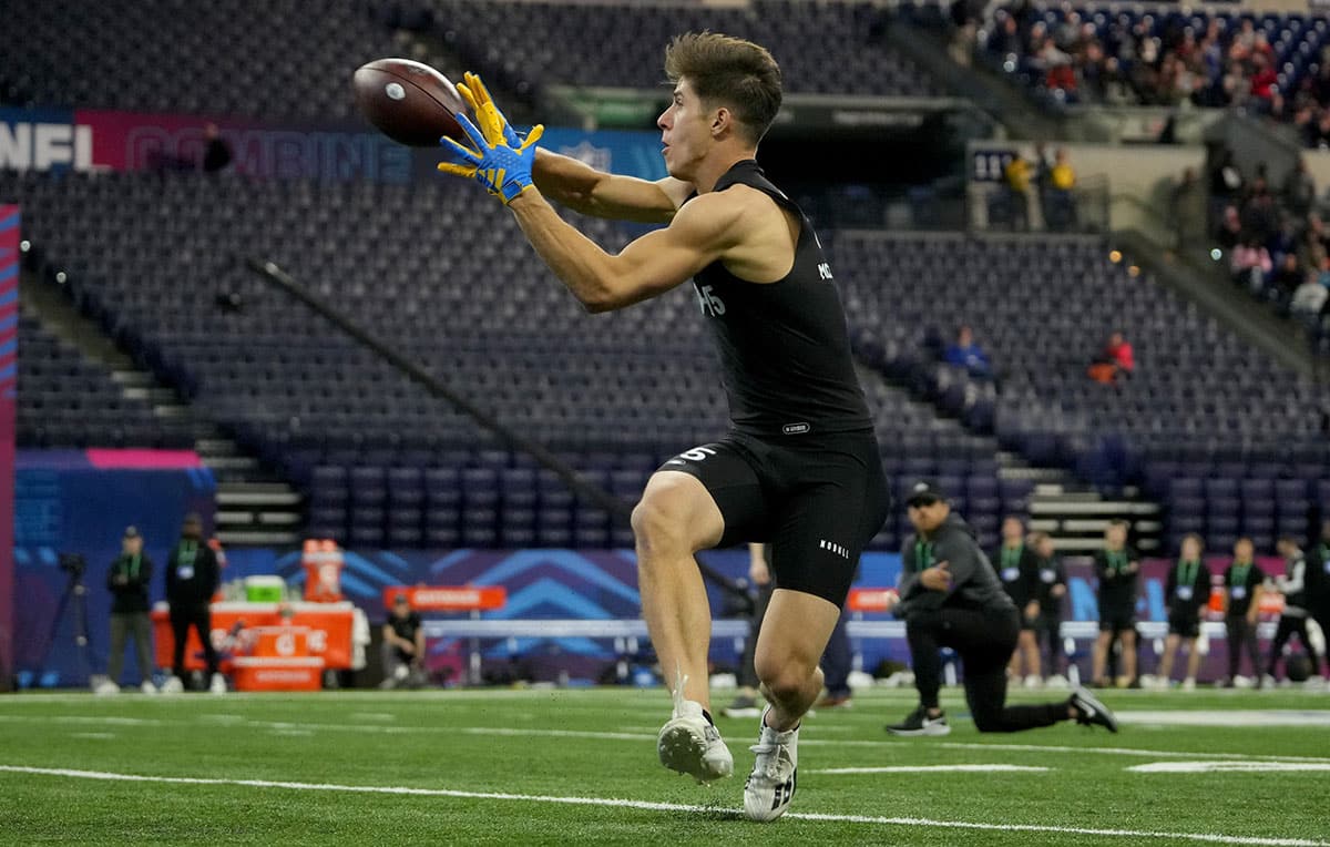 Rice wide receiver Luke McCaffrey (WO15) during the 2024 NFL Combine at Lucas Oil Stadium.