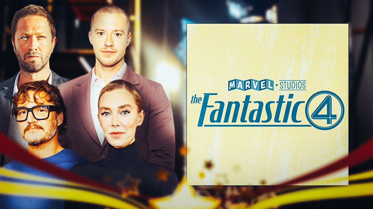 MCU Fantastic Four logo with stars Ebon Moss-Bachrach, Pedro Pascal, Joseph Quinn, and Vanessa Kirby.