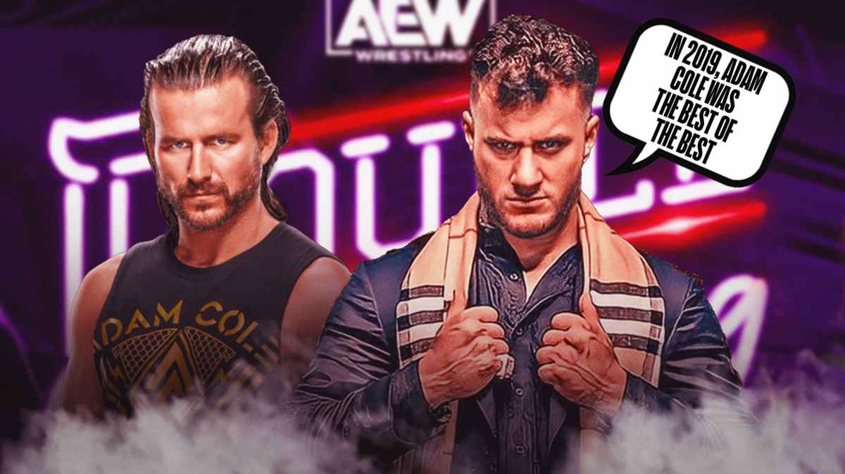 MJF with a text bubble reading "In 2019, Adam Cole was the best of the best" next to Adam Cole with the AEW Double or Nothing logo as the background.