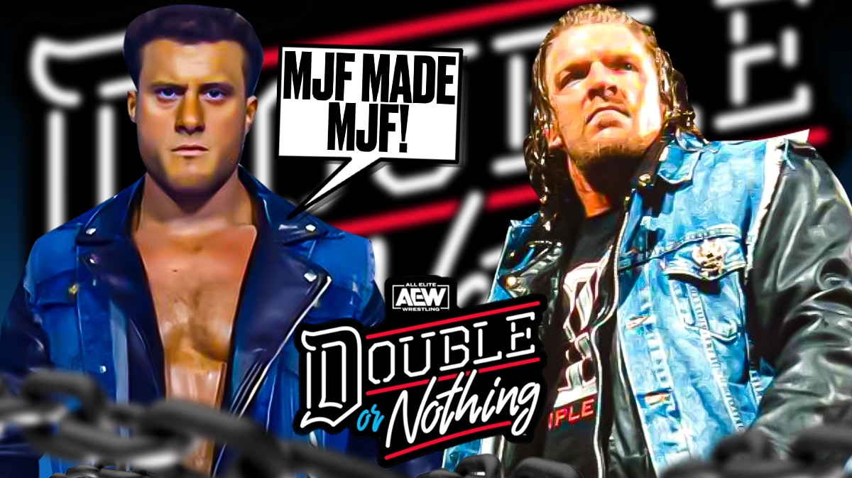 MJF with a text bubble reading "MJF made MJF!" next to Triple H with the AEW Double or Nothing logo as the background.