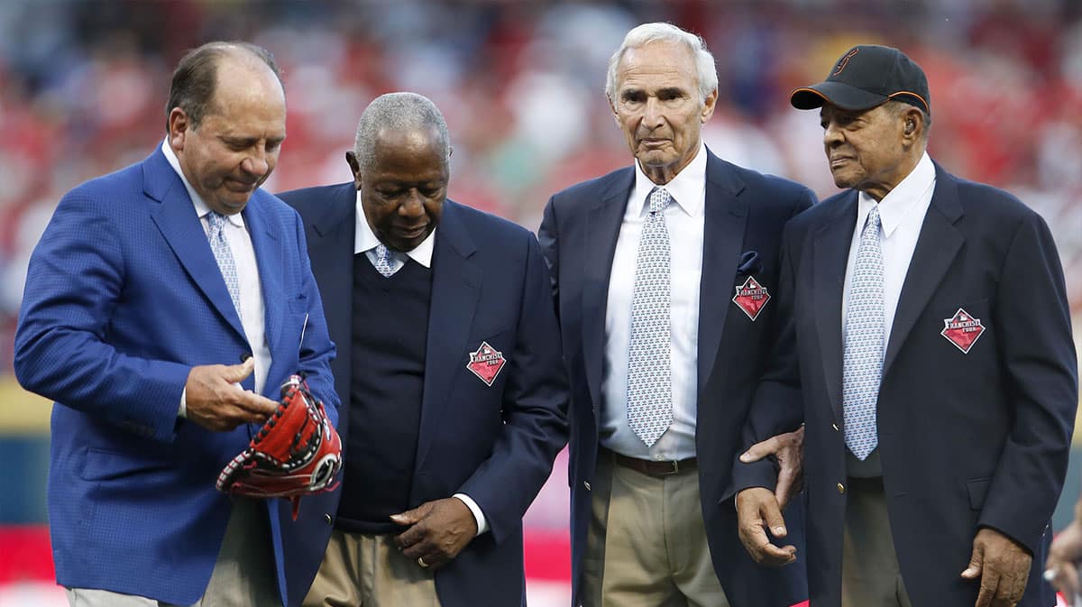 Johnny Bench, Hank Aaron, Sandy Koufax and Willie Mays walk off the field after being honored as the greatest living baseball players prior to the 2015 MLB All-Star Game, Tuesday, July 14, 2015, at Great American Ball Park in Cincinnati.