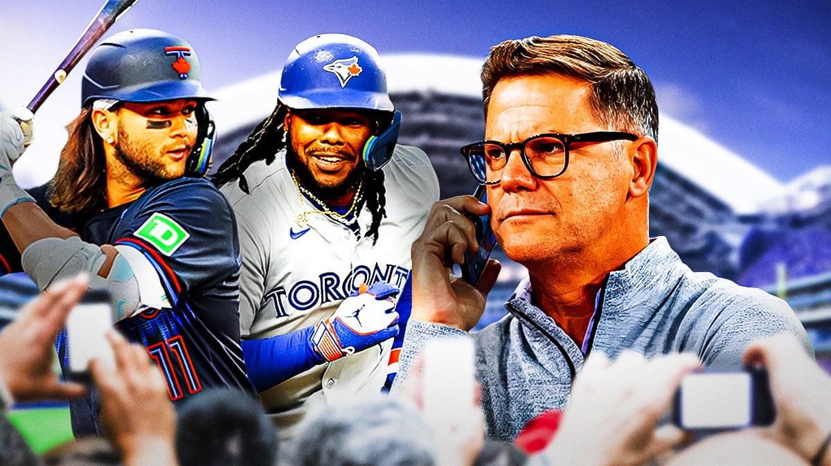 Photo: Bo Bichette, Vladimir Guerrero Jr in action in Blue Jays jerseys, Ross Atkins looking at them