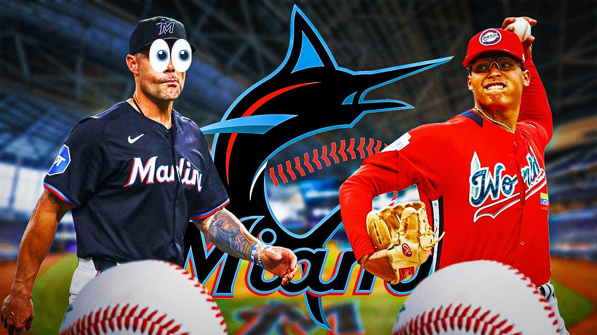 Marlins Skip Schumaker with emoji eyes looking at Jesus Luzardo