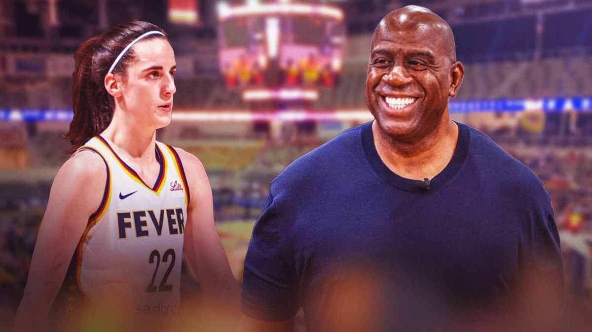 Indiana Fever star Caitlin Clark and Magic Johnson in front of Gainsbridge Fieldhouse.