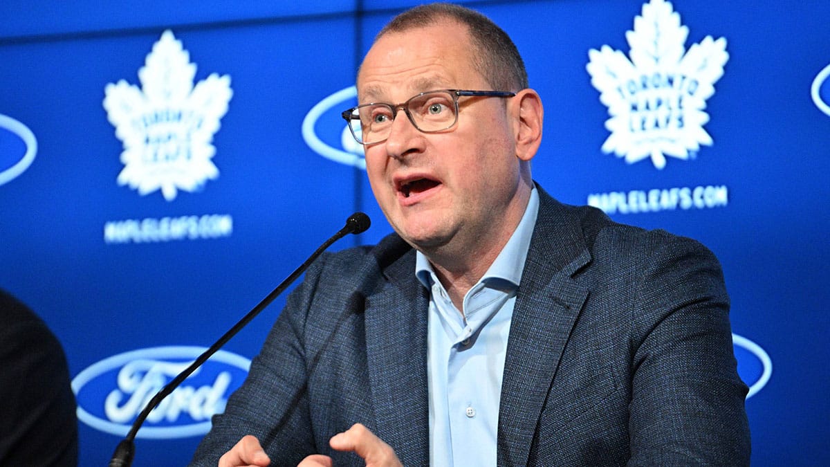 Toronto Maple Leafs general manager Brad Treliving speaks during a media conference to introduce new head coach Craig Berube (not shown) at Ford Performance Centre.