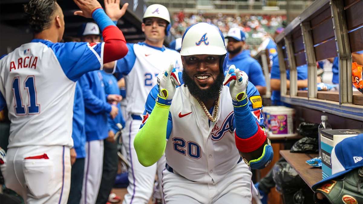 Jun 1, 2024; Atlanta, Georgia, USA; Atlanta Braves designated hitter Marcell Ozuna (20) celebrates after a two-run home run against the Oakland Athletics in the first inning at Truist Park
