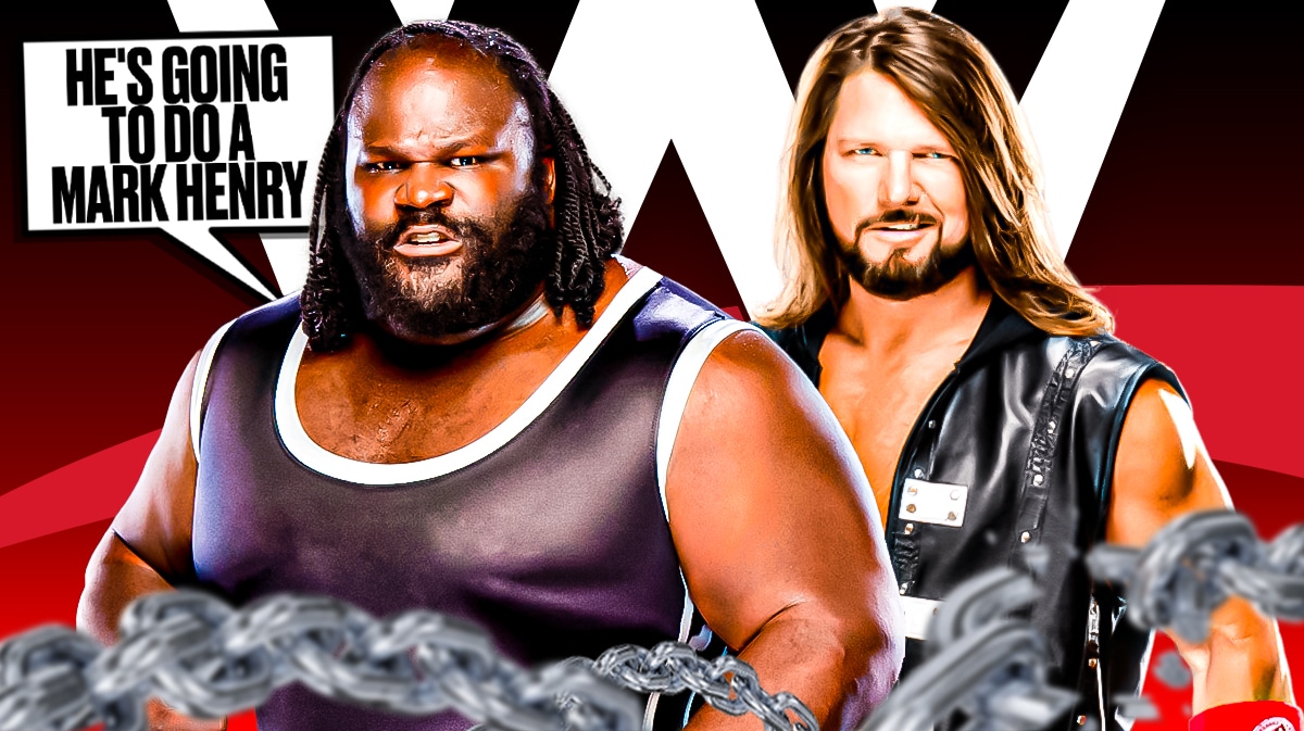 Mark Henry with a text bubble reading "He's going to do a Mark Henry" next to AJ Styles with the WWE logo as the background.