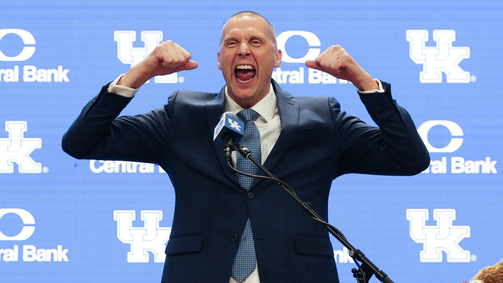 Former Kentucky basketball player and new head coach Mark Pope was animated during his announcement at Rupp Arena in Lexington Ky. on April 14, 2024.