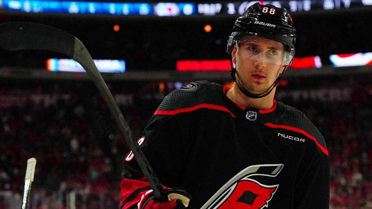 Carolina Hurricanes center Martin Necas (88) looks on against the New York Rangers during the second period in game three of the second round of the 2024 Stanley Cup Playoffs at PNC Arena.