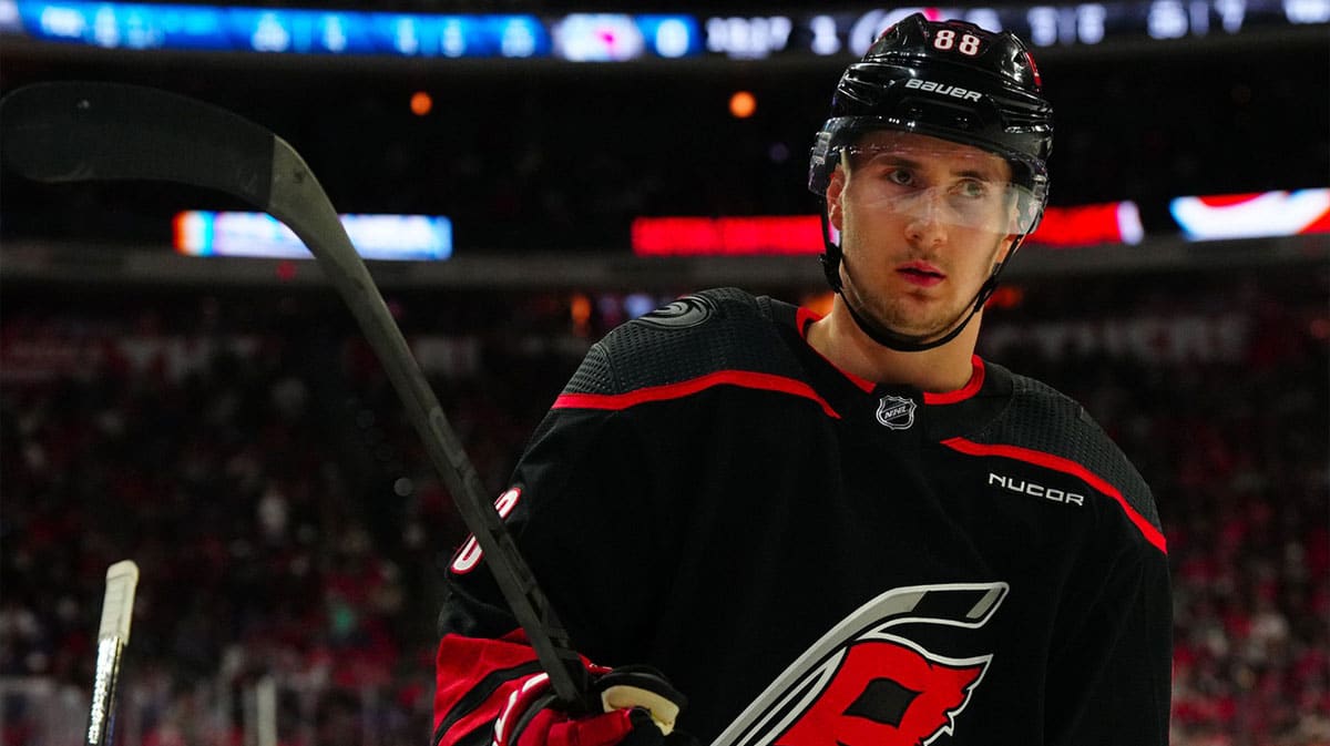 Carolina Hurricanes center Martin Necas (88) looks on against the New York Rangers during the second period in game three of the second round of the 2024 Stanley Cup Playoffs at PNC Arena.