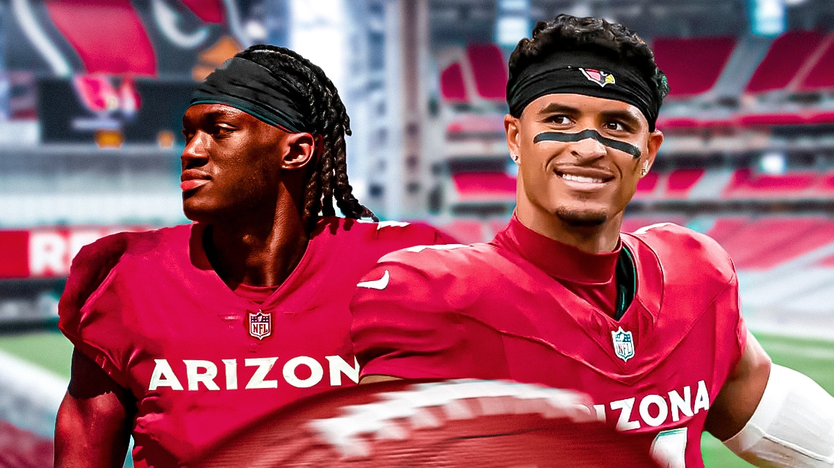 Marvin Harrison Jr. and Michael Wilson with Cardinals stadium in background
