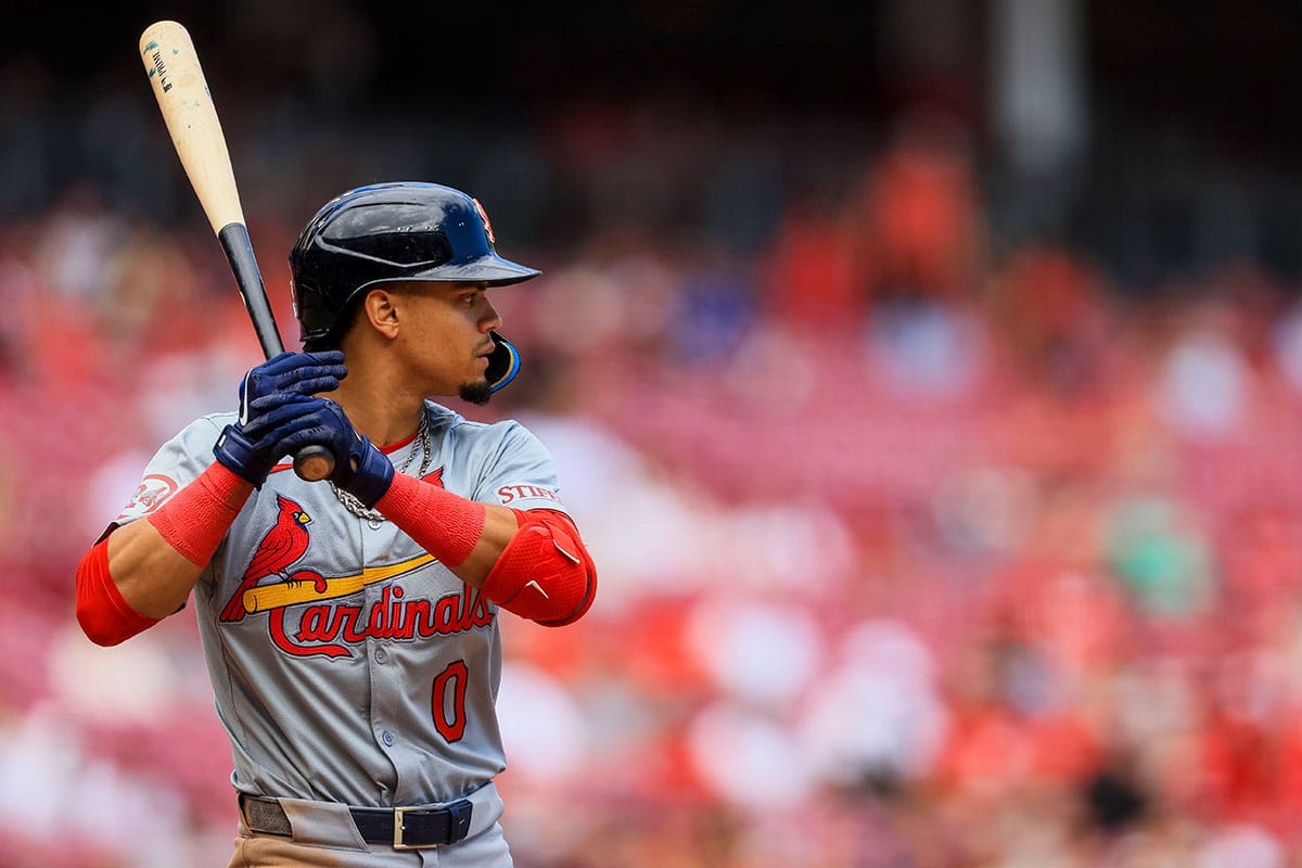 St. Louis Cardinals shortstop Masyn Winn (0) at bat during the ninth inning against the Cincinnati Reds at Great American Ball Park.